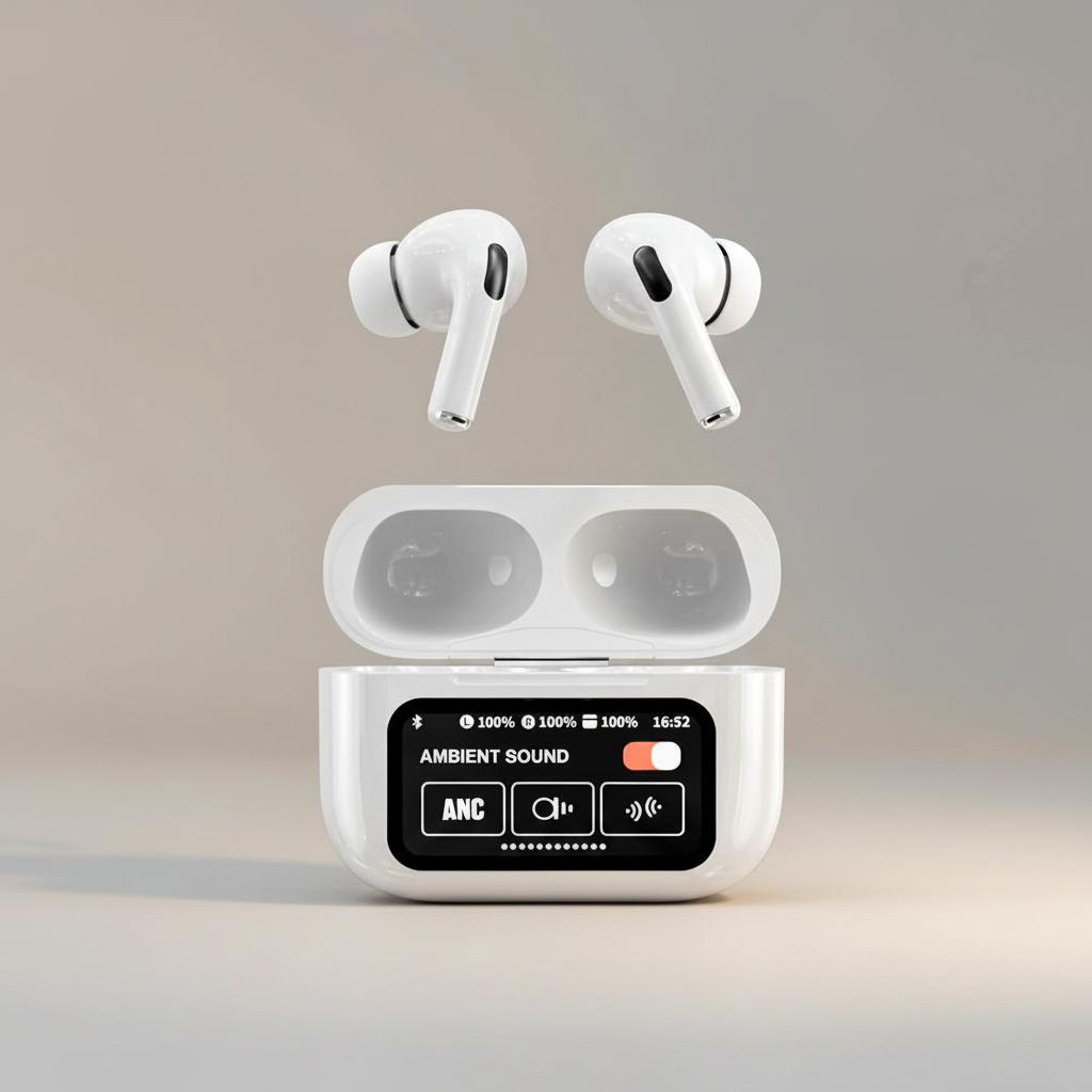 Auriculares blancos con estuche pantalla táctil - fondo profesional