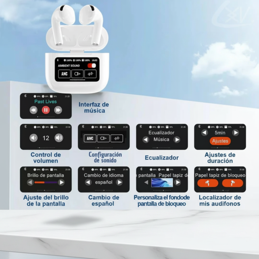 Auriculares sobre mármol con funciones al costado