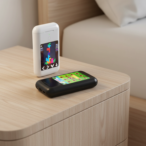 Estuches auriculares sobre mesa lifestyle